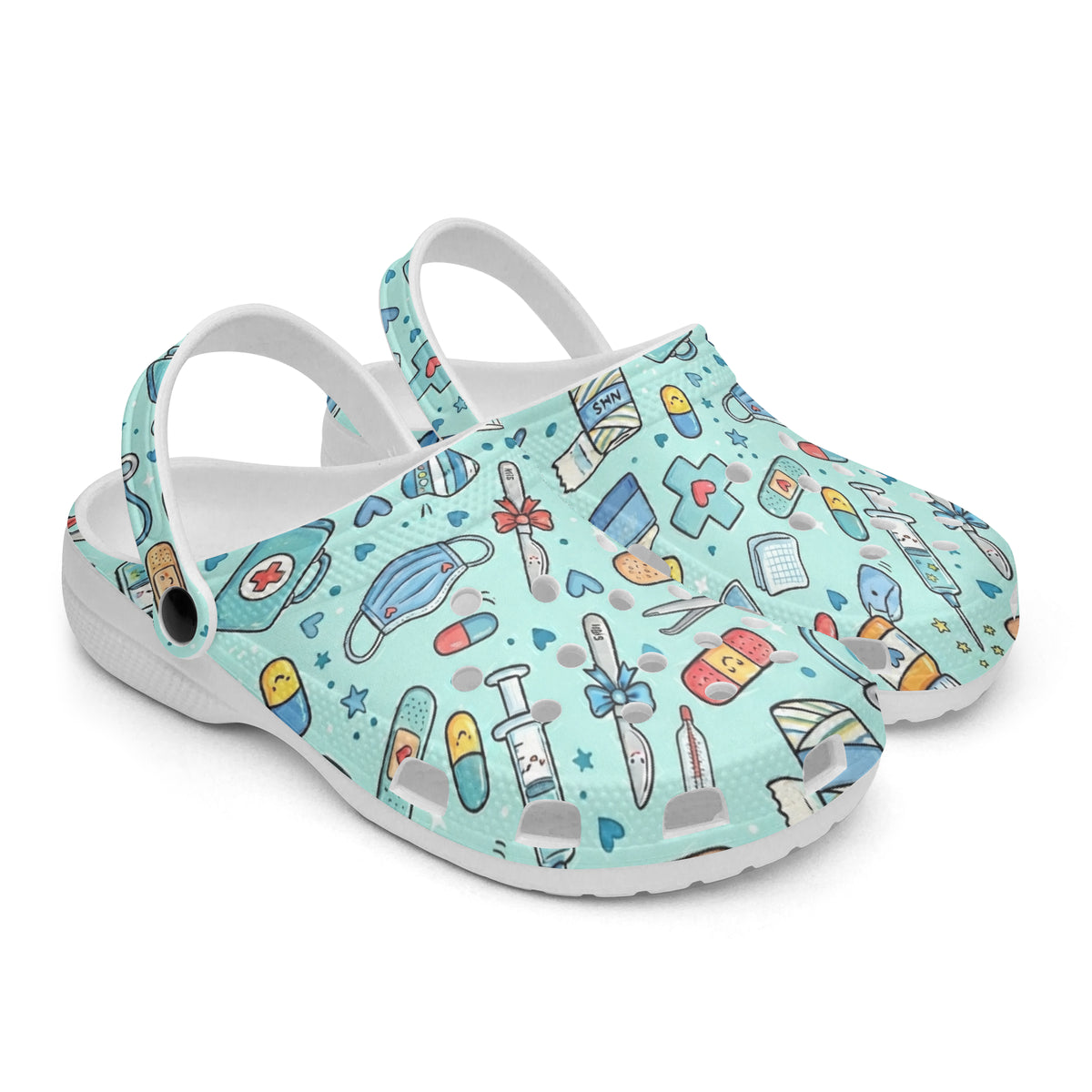 Light blue nursing clogs with colorful cartoon medical print, slip-on open back, white sole