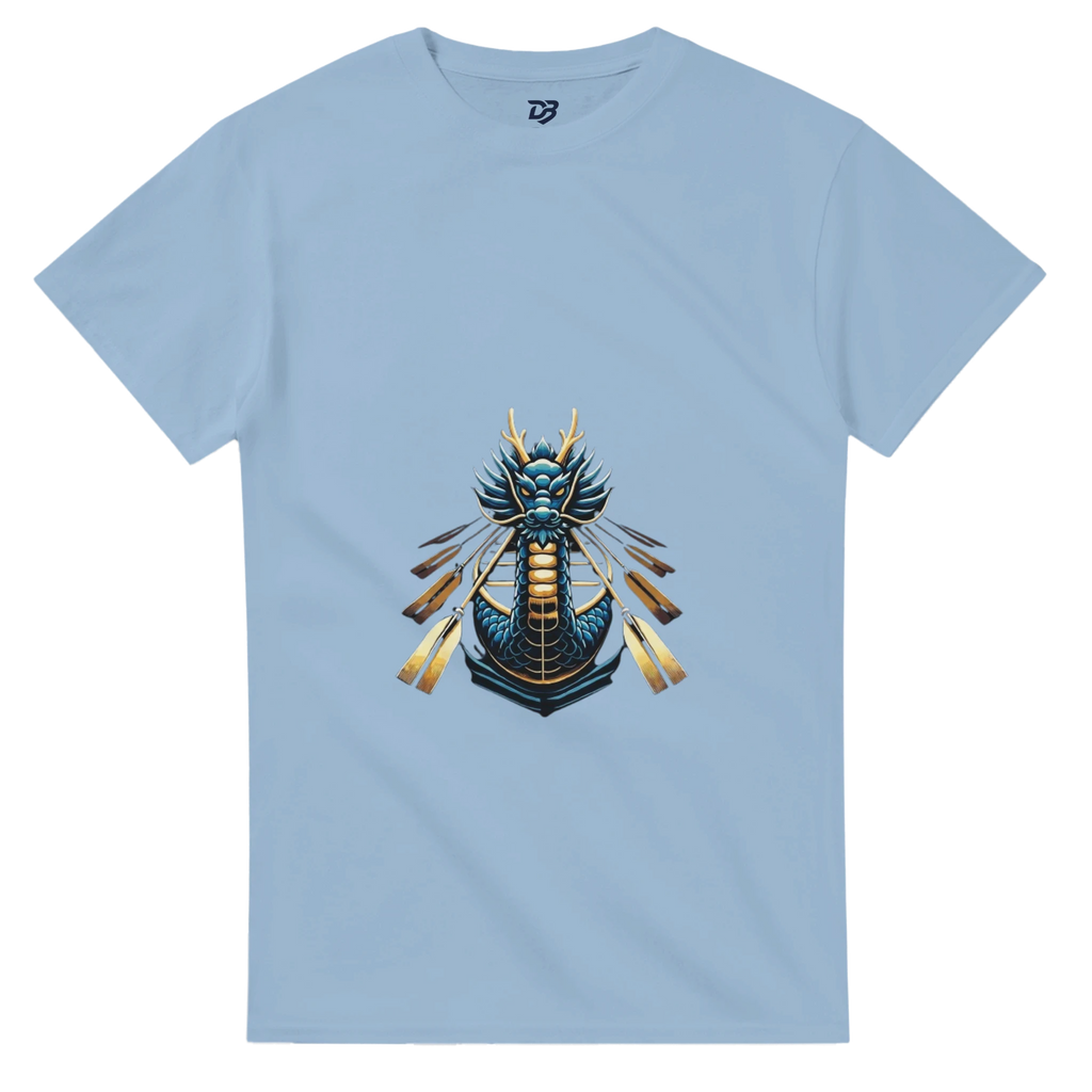 Light blue unisex T-shirt with dragon boat themed graphic on the chest