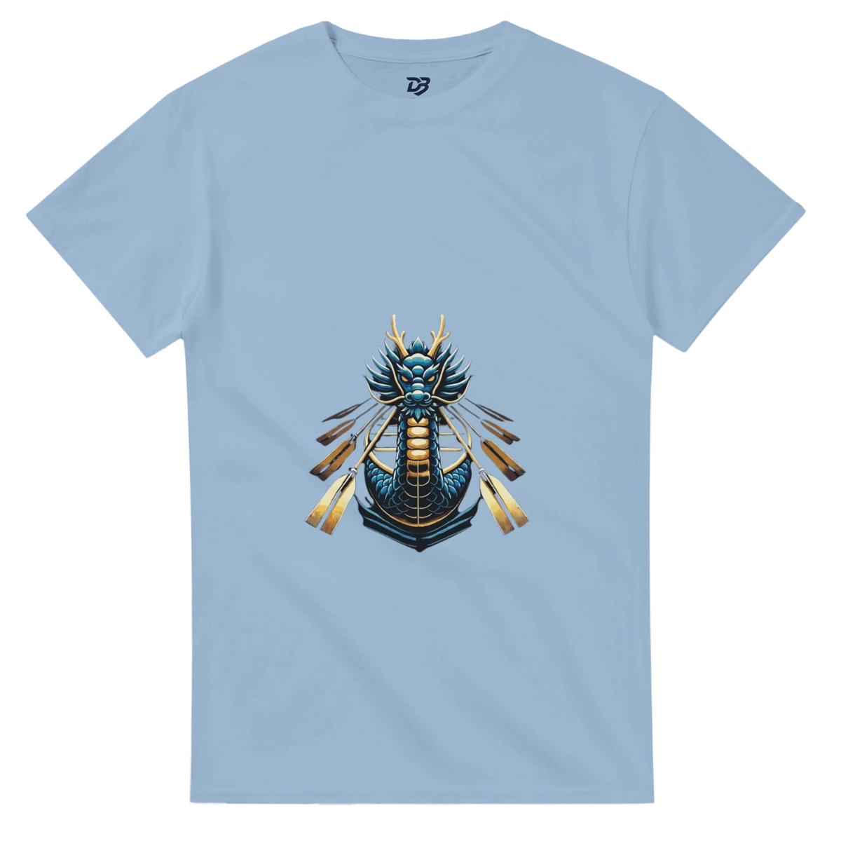Light blue unisex T-shirt with dragon boat themed graphic on the chest