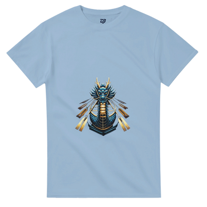Light blue unisex T-shirt with dragon boat themed graphic on the chest