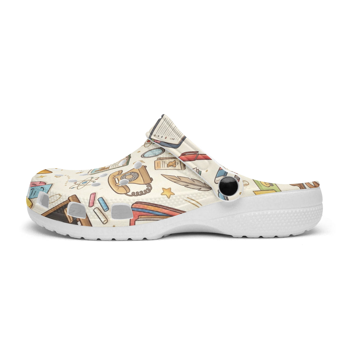 DBUKStore science teacher clogs with chemistry collage print on white outsole