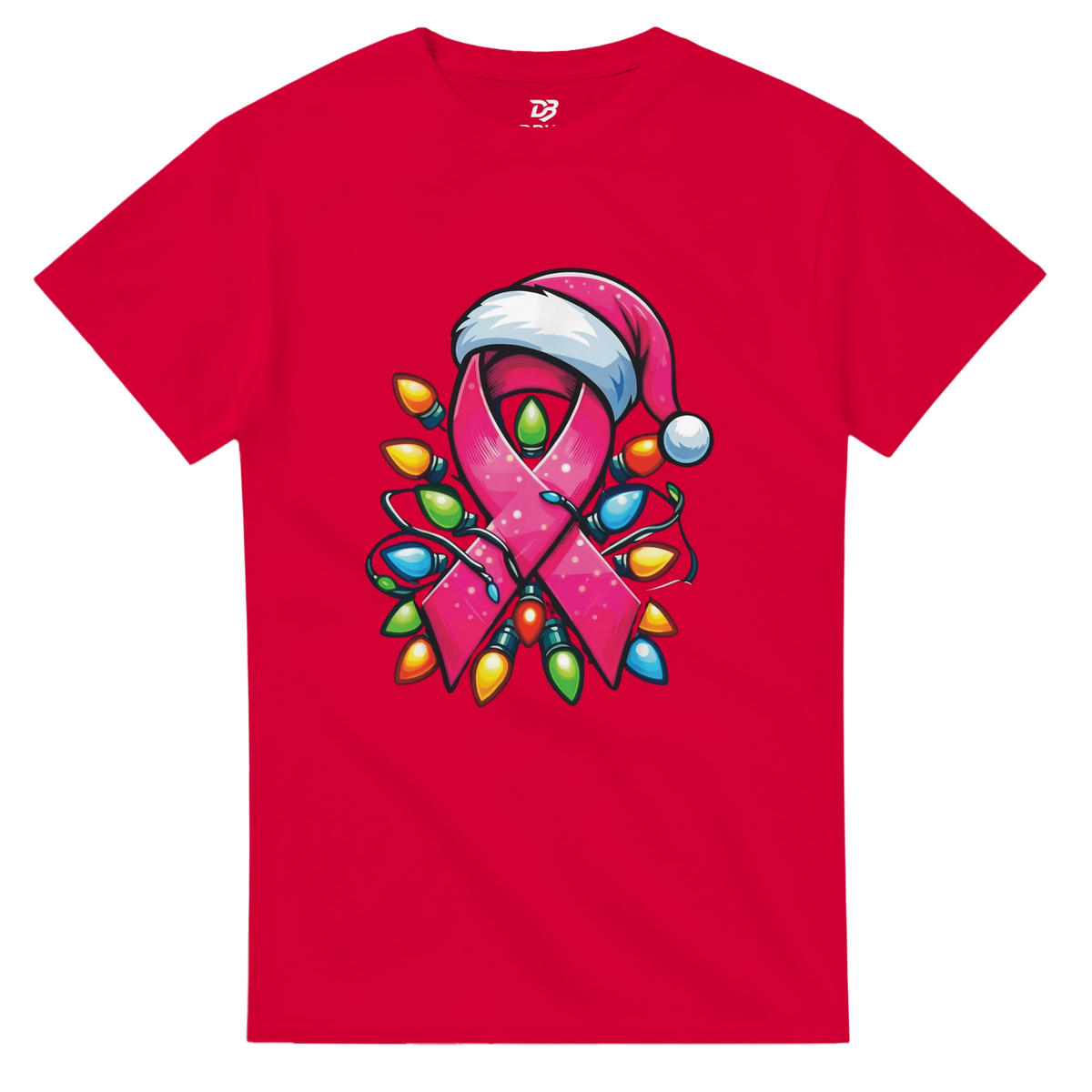 Red crewneck T-shirt with pink ribbon character graphic and colorful Christmas lights