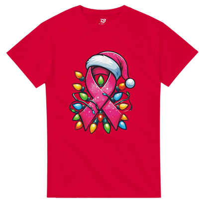 Red crewneck T-shirt with pink ribbon character graphic and colorful Christmas lights