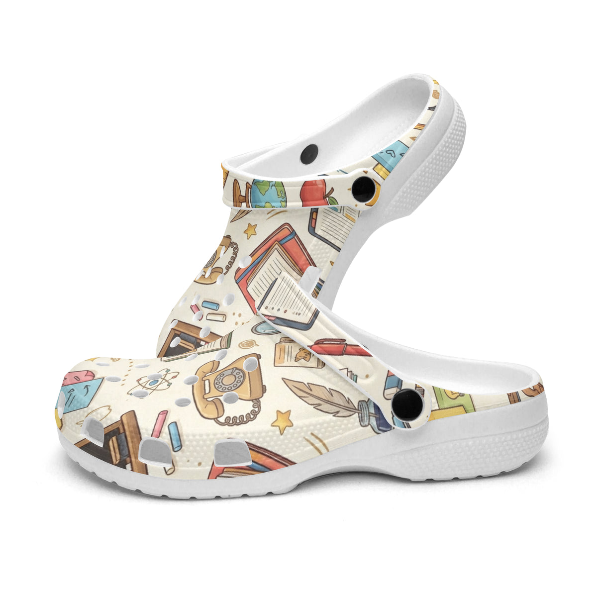 DBUKStore science teacher clogs, white upper with chemistry symbols and black vent openings