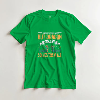 Green unisex graphic T-shirt featuring dragon boat racing and "SOLVES THEM ALL"