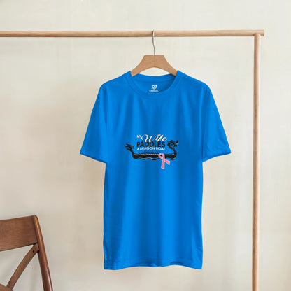 Royal blue unisex t-shirt with dragon boat graphic and pink ribbon