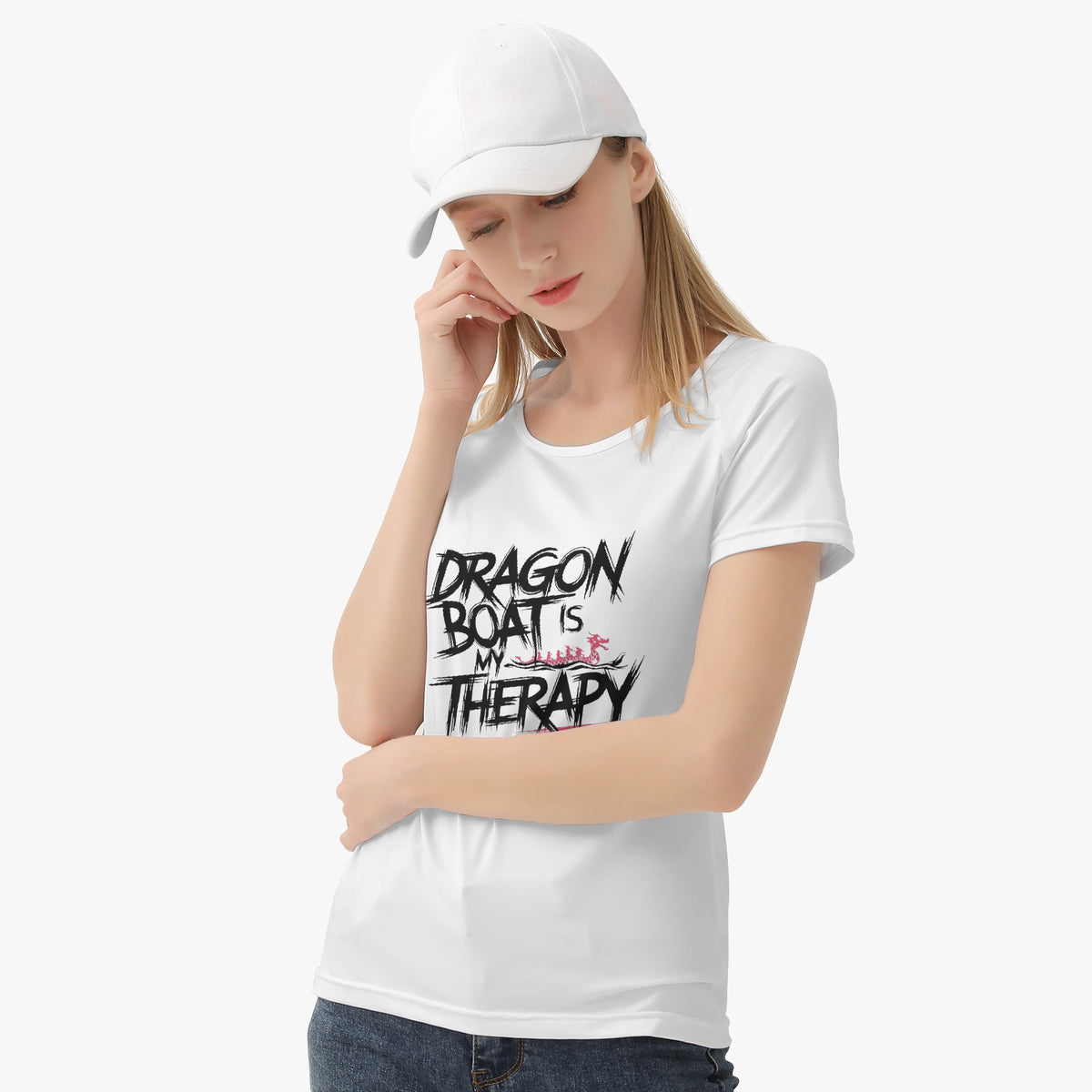 Women’s white crew-neck T-shirt with front “DRAGON BOAT IS MY THERAPY” print