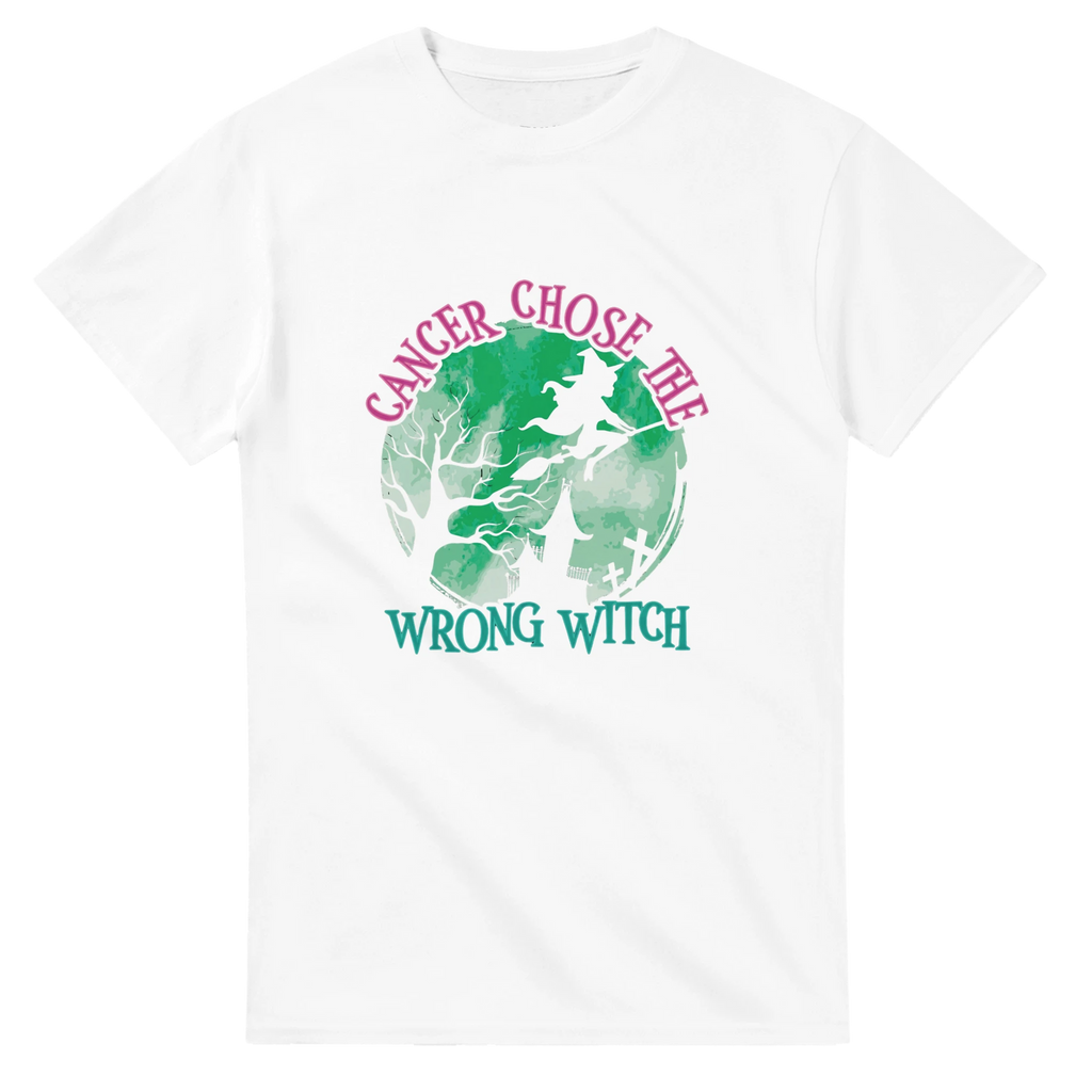 White unisex t-shirt with green witch graphic and pink "CANCER CHOSE THIS" text