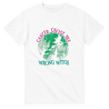 White unisex t-shirt with green witch graphic and pink "CANCER CHOSE THIS" text