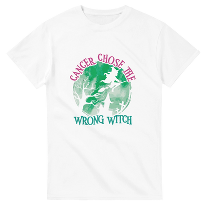White unisex t-shirt with green witch graphic and pink "CANCER CHOSE THIS" text