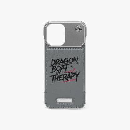 Grey leather-look iPhone case with metal bumper and 'DRAGON BOAT IS THERAPY' print
