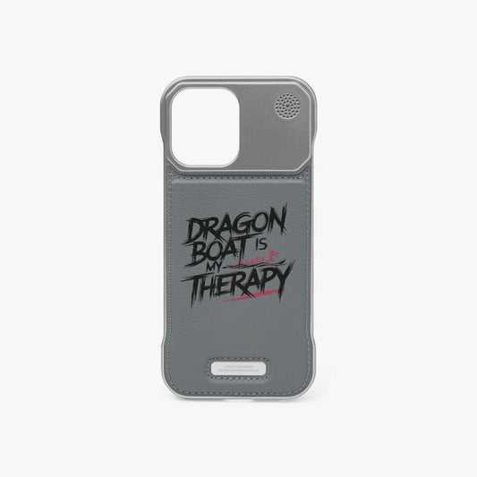 Grey leather-look iPhone case with metal bumper and 'DRAGON BOAT IS THERAPY' print