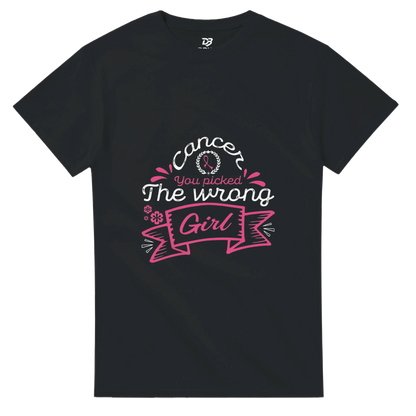 Black unisex graphic tee with pink and white 'The wrong Girl' ribbon print