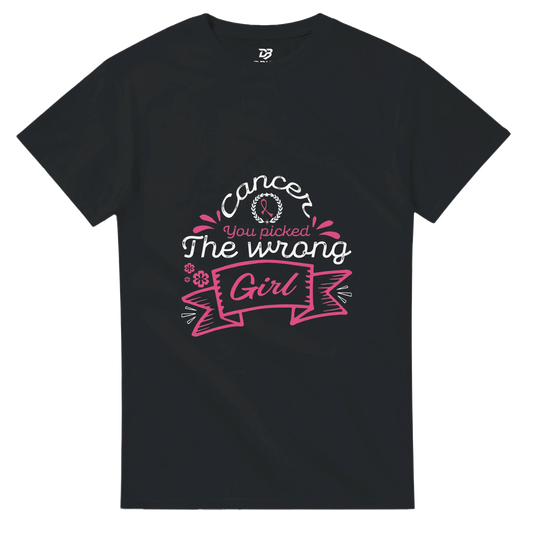 Black unisex graphic tee with pink and white 'The wrong Girl' ribbon print