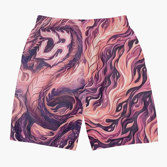 Pink and purple all-over print board shorts with dragon swirl motif, elastic waist