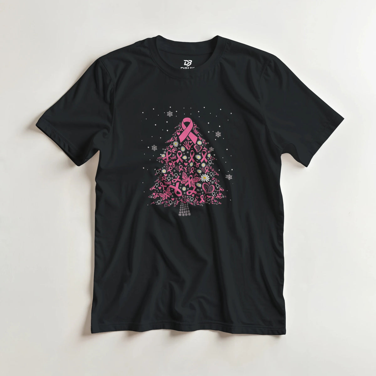 Black tee shirt with centered pink ribbon Christmas tree graphic