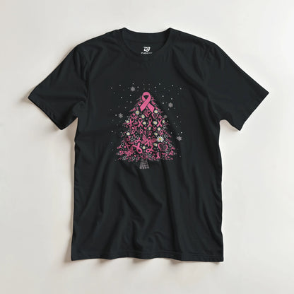 Black tee shirt with centered pink ribbon Christmas tree graphic