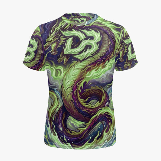 Green and purple dragon all-over print sports jersey, short sleeves and crew neck
