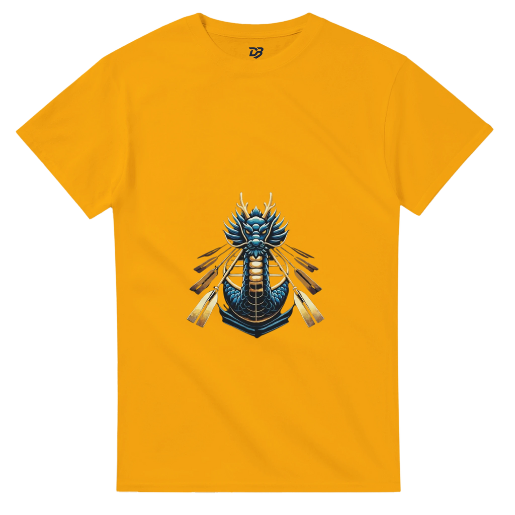 Gold unisex T-shirt with dragon boat themed graphic on the chest