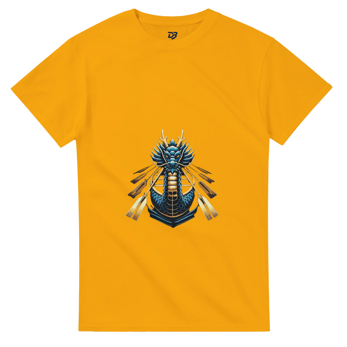 Gold unisex T-shirt with dragon boat themed graphic on the chest