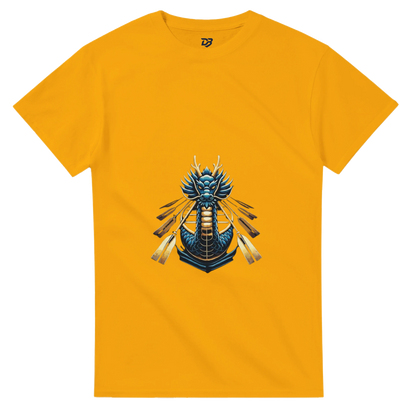 Gold unisex T-shirt with dragon boat themed graphic on the chest