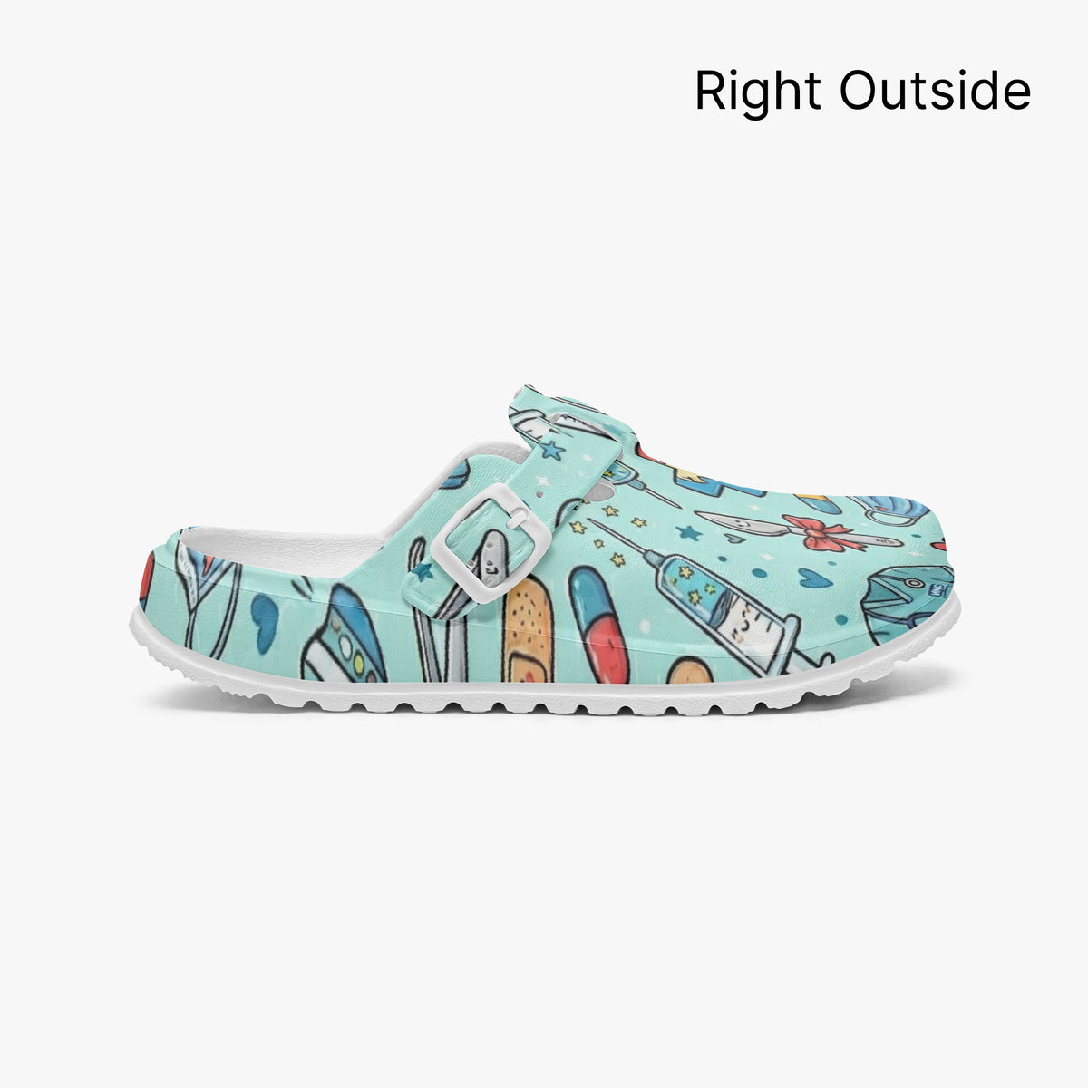 Light blue medical clog right outside view with colorful doodle print
