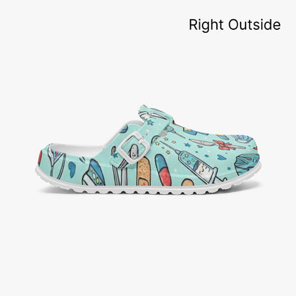 Light blue medical clog right outside view with colorful doodle print