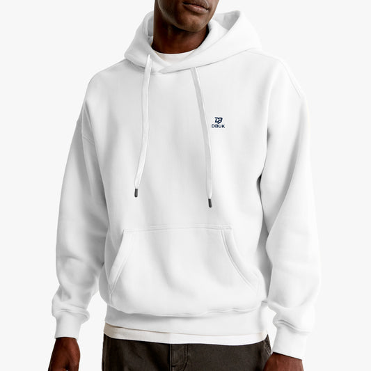 Unisex cotton-blend pullover hoodie, white; hooded with drawstrings and chest DBUK logo