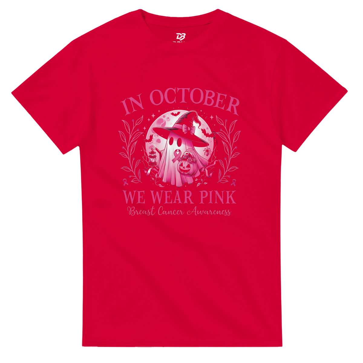 Red crewneck unisex T-shirt with pink awareness graphic and floral wreath front