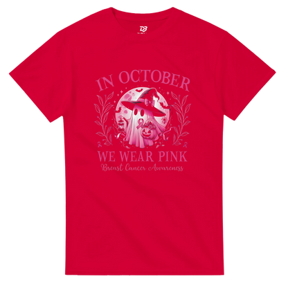 Red crewneck unisex T-shirt with pink awareness graphic and floral wreath front