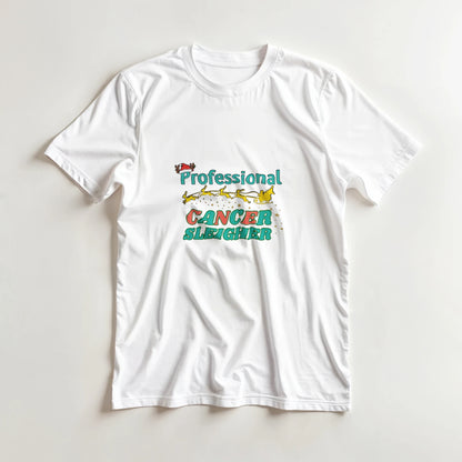 White crew neck T-shirt with colorful “Cancer Sleigher” graphic, laid flat front view
