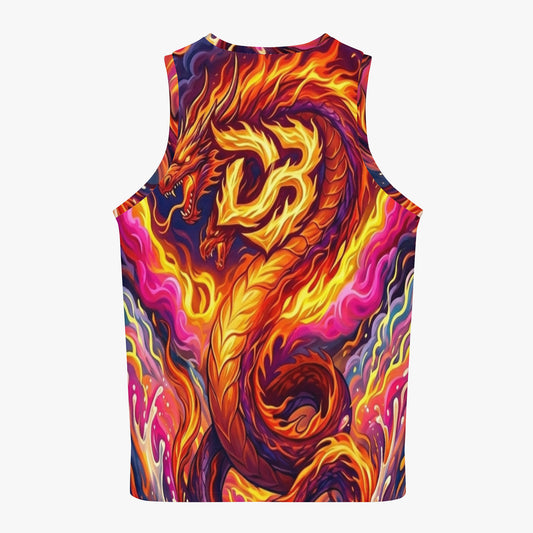 Sleeveless dragon print sports vest, V-neckline, vivid orange, magenta, and purple