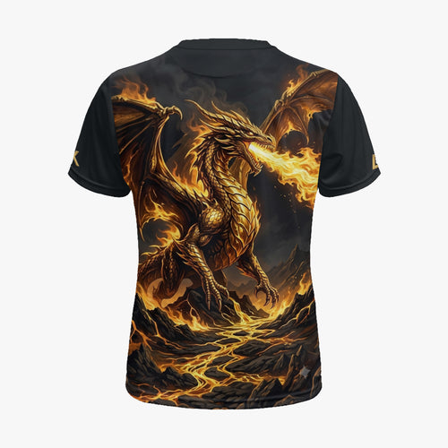 Black crew-neck jersey with all-over gold-and-orange dragon graphic, back view