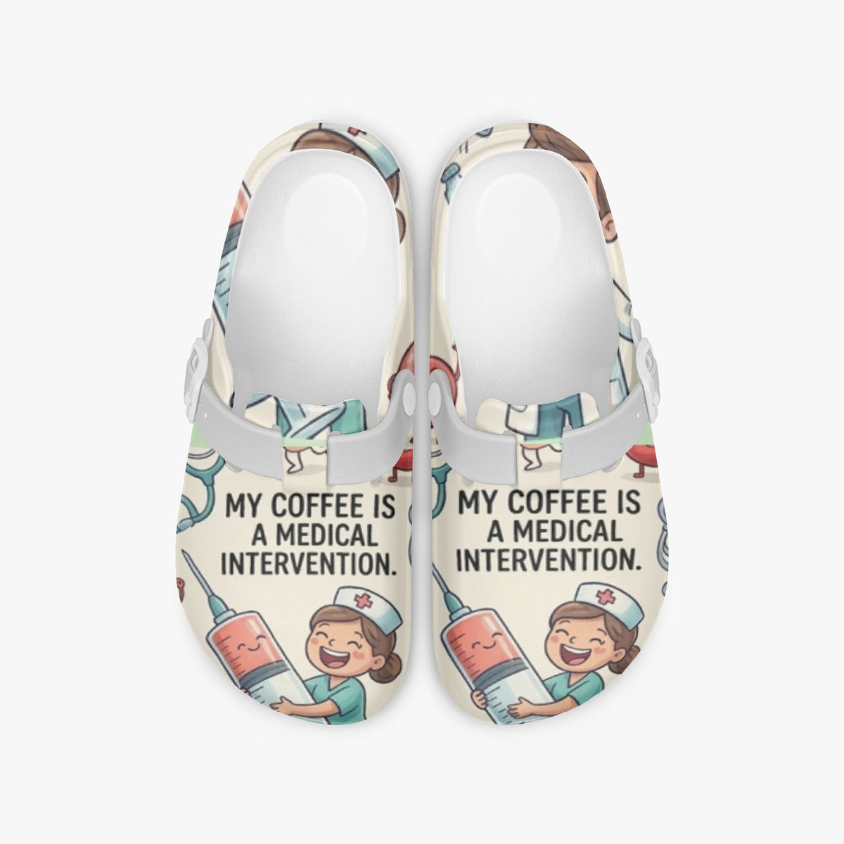 Pair of nurse clogs with medical coffee message print on light background