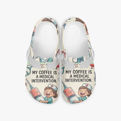 Pair of nurse clogs with medical coffee message print on light background