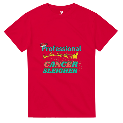Red crew neck T-shirt with a colorful “Cancer Sleigher” graphic printed on the front