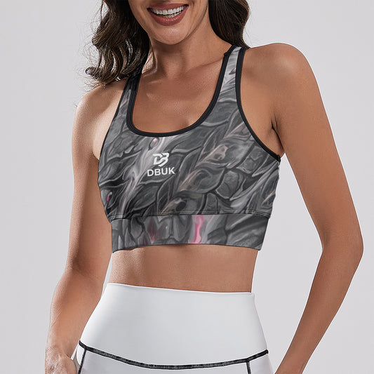 Women's cropped yoga tank top with dark grey marbled all-over print, black trim, DBUK chest logo