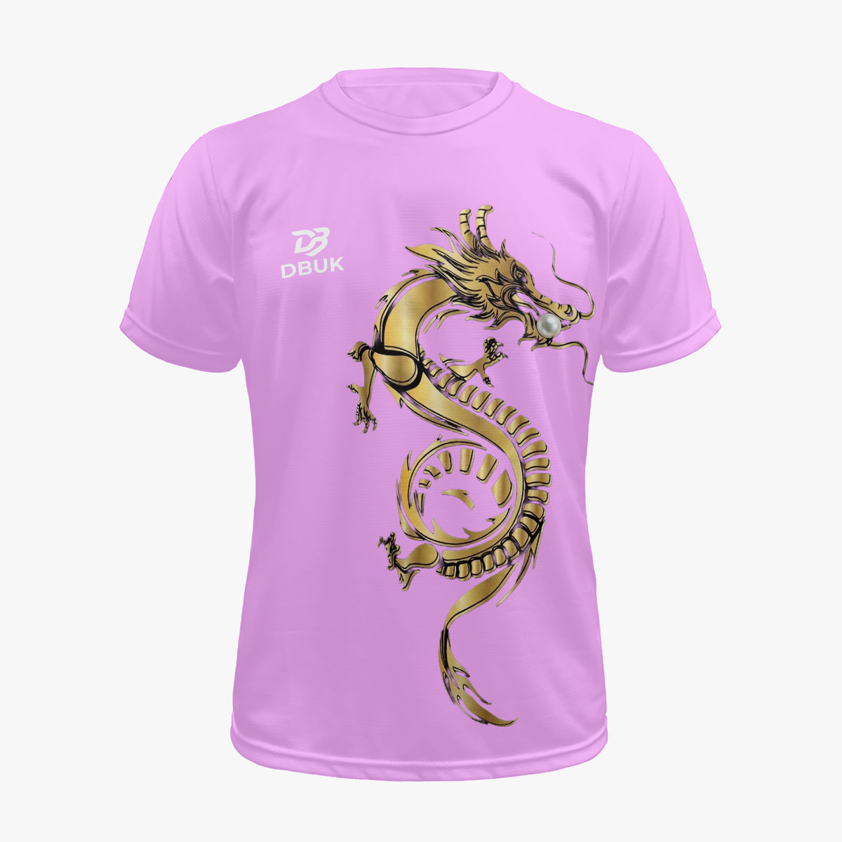 Pink performance jersey T-shirt with gold dragon graphic and DBUK logo, front view