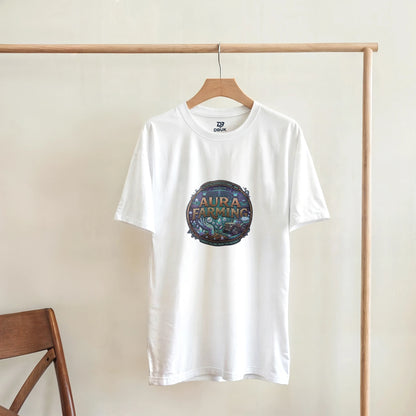 White crewneck t-shirt with circular chest graphic, hanging on a wooden hanger