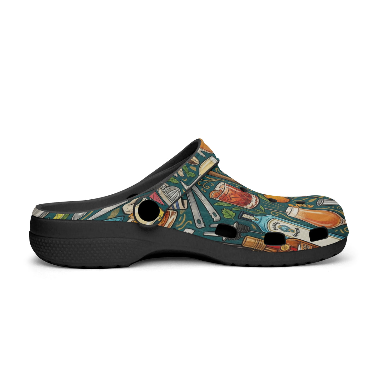 Patterned slip-on clogs with black sole and side strap with round grommet hole