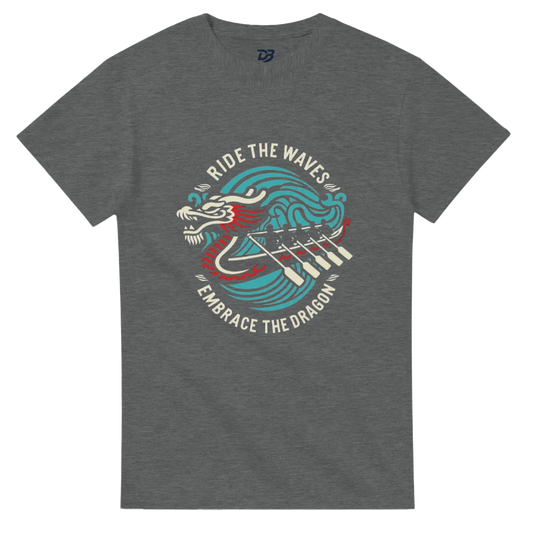 Graphite heather unisex t-shirt with dragon boat graphic and slogan text