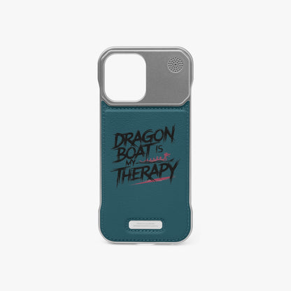 Teal leather phone case with metal bumper, graphic front and camera cutouts