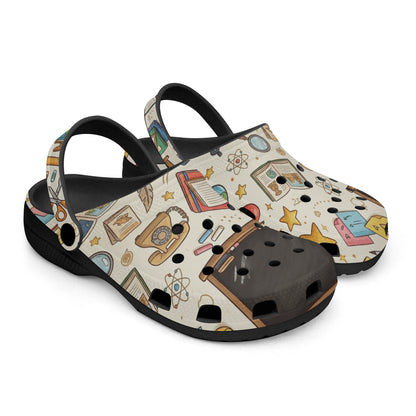 Pair of kids teacher clogs with classroom cartoon print uppers, open toe, and heel strap.