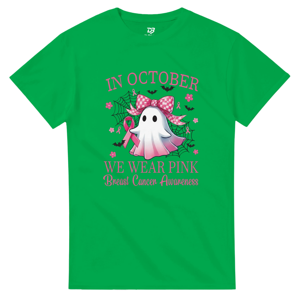 Green unisex T-shirt with pink awareness text and ribbon bow ghost dragon graphic