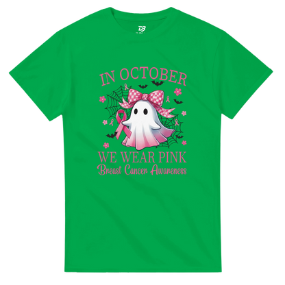 Green unisex T-shirt with pink awareness text and ribbon bow ghost dragon graphic