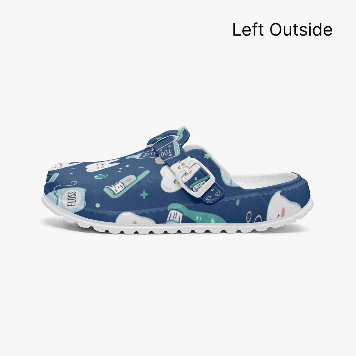 Left side dental print clog, blue EVA slip-on with dental-themed cartoon pattern.