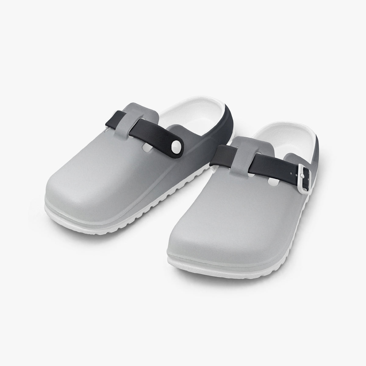 Pair of grey EVA clogs with black adjustable straps and open-back openings