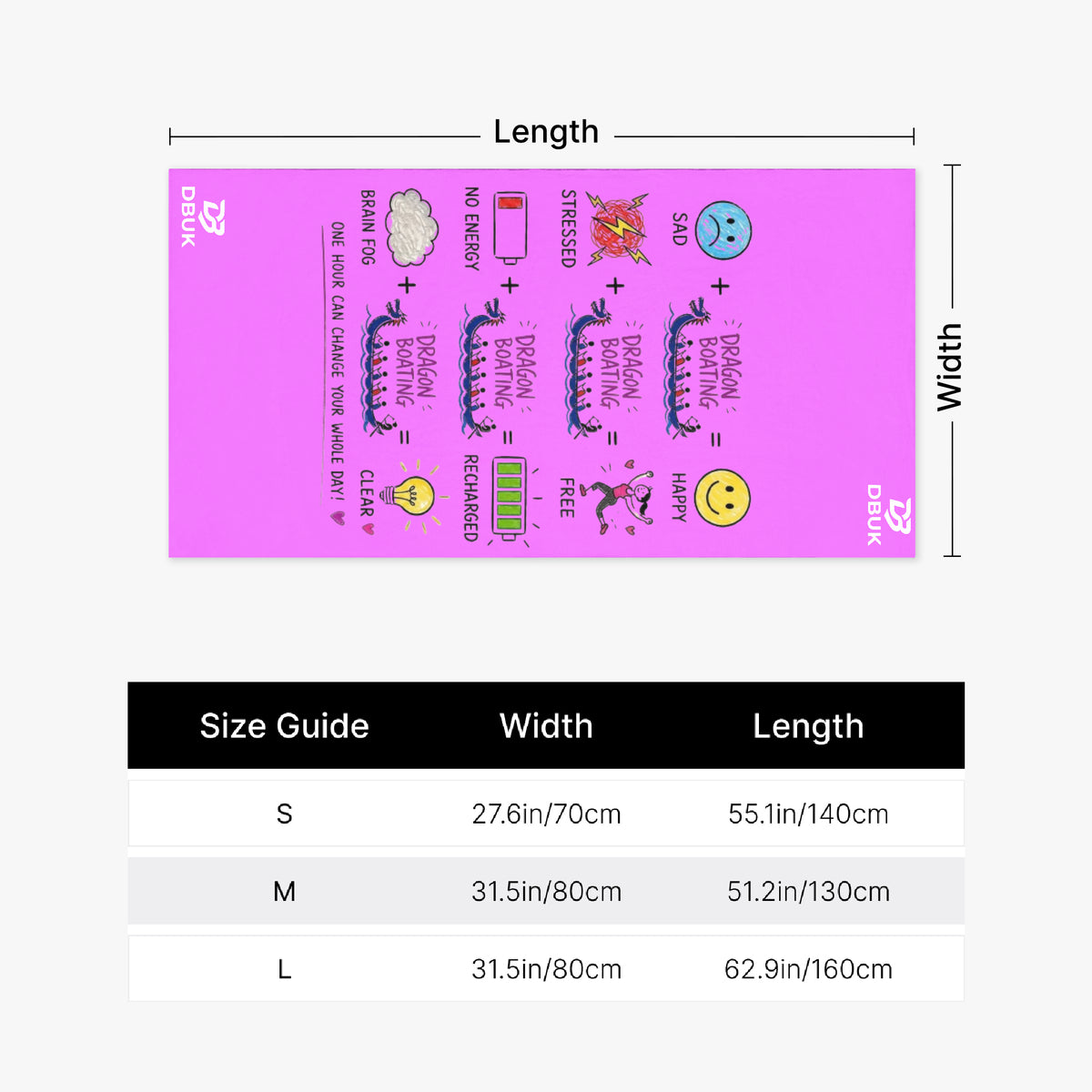 Pink towel length and width size guide diagram with cartoon print