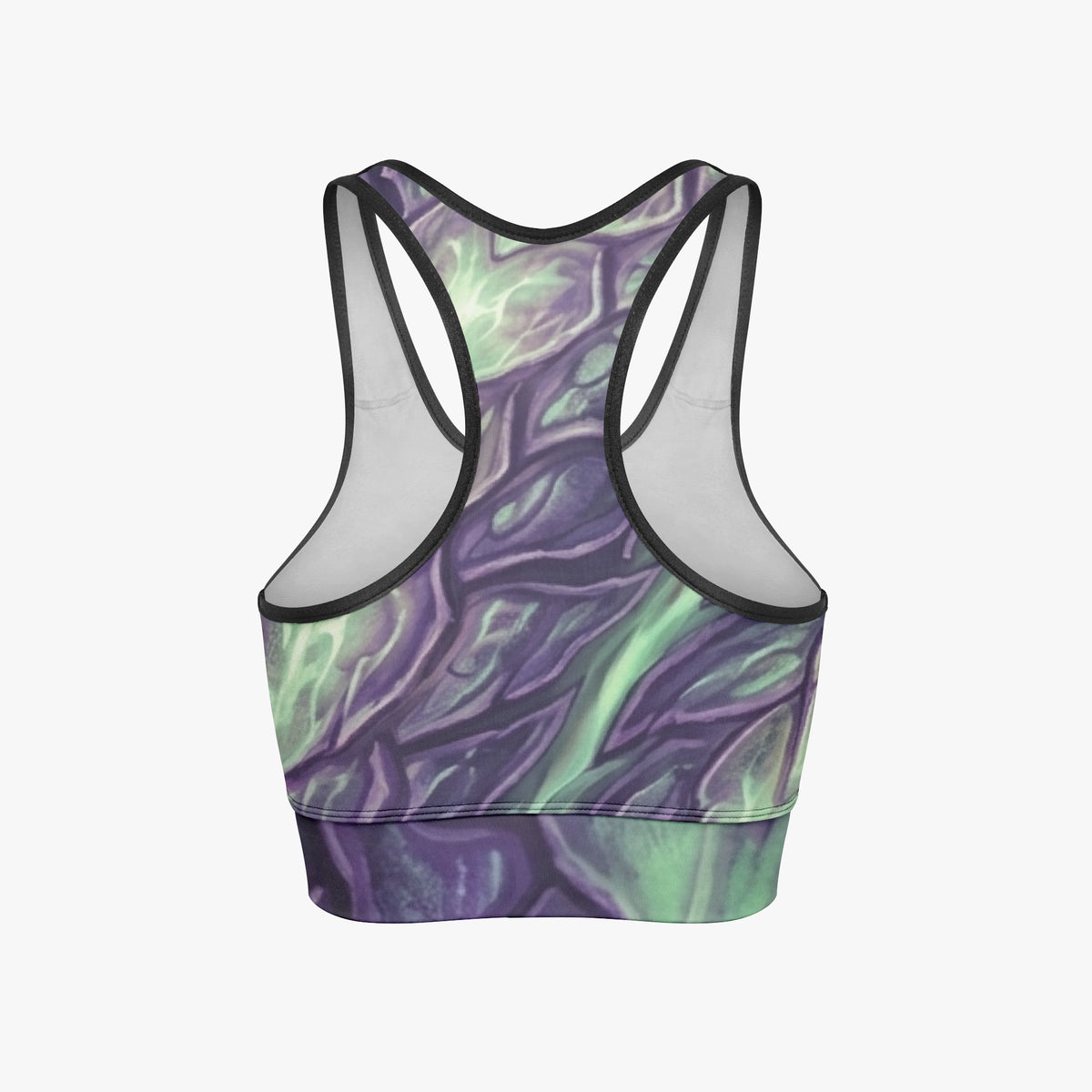 Women's cropped yoga tank top, back view with purple and green all-over print, black trim