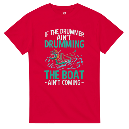 Red unisex crewneck graphic t-shirt with paddling dragon front print